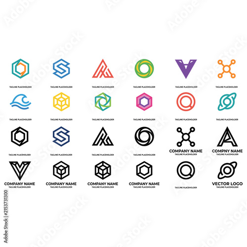 Collection of sixteen distinct geometric logo icons featuring various shapes and color schemes.