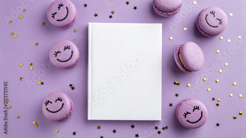 Colorful Macarons and Notepad Flat Lay for Baking or Dessert Content
