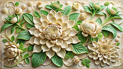 White and green floral pattern with intricate details
