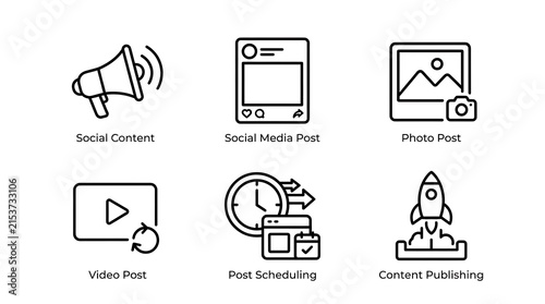 Social Media Marketing and Content Strategy Line Icon Set