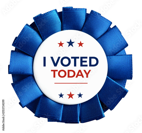 Canvas Print Blue rosette ribbon button with i voted today text and stars, on transparent bac