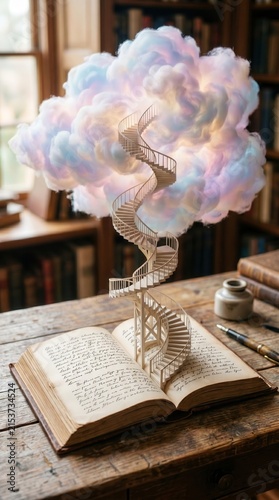 Miniature spiral staircase rising from open book into glowing cloud. Vintage library desk with inkwell in blurred background.