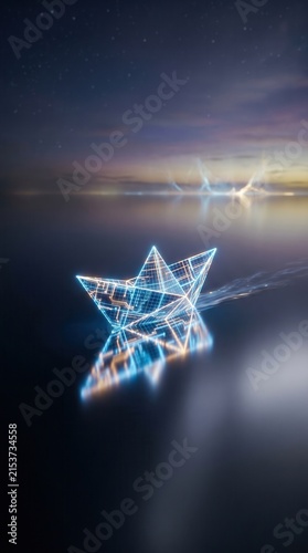 Glowing digital paper boat floating on calm water. Futuristic grid lines reflect on the dark surface under a starry night sky.