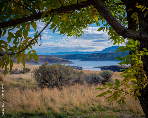 Quadro su tela Salmon Falls Reservoir Framed by Autumn Leaves