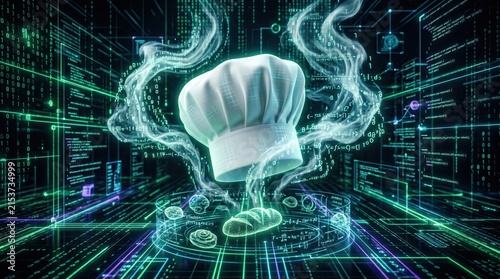 White chef hat floating above digital food icons. Futuristic green matrix background with glowing data streams.