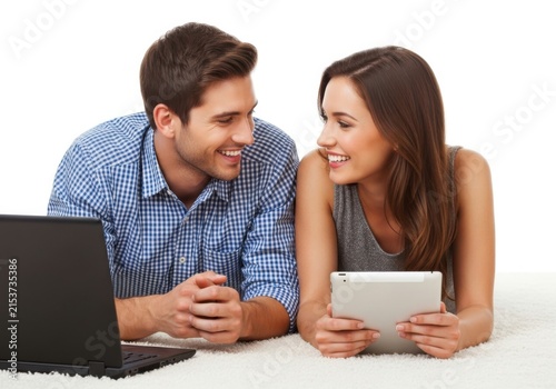 Happy young couple using laptop and tablet isolated on white background