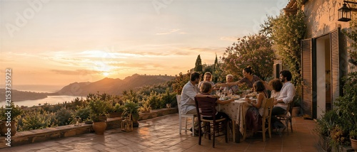Big multi-generational family sitting at table outside on villa patio eating dinner. Happy man, woman, senior and kid enjoying sunset meal together. Living family life, summer vacation.
