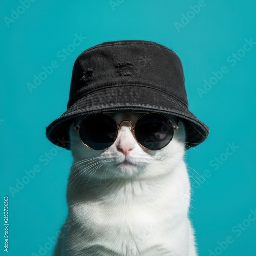 White cat wearing a black bucket hat and round sunglasses on a vibrant blue background, concept of pet fashion and humor
