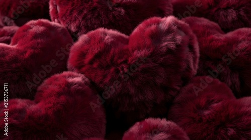 Close-up of many fluffy red heart shapes, creating a soft and romantic background, concept of love and romance