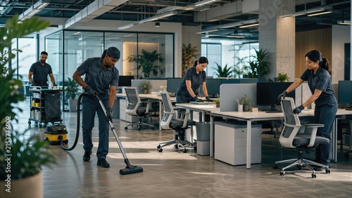 Team of professional cleaners busy with janitorial work in modern corporate office. Man and woman janitor staff vacuuming floor and cleaning desk. Commercial facility maintenance service.