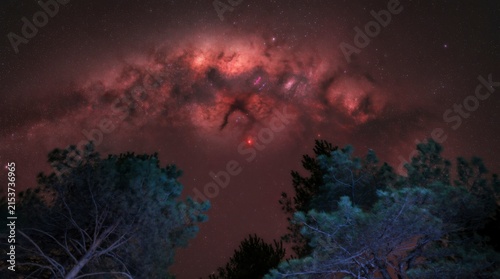 Milky Way Galaxy and red glowing star above dark forest trees at night, concept of cosmic wonder and natural beauty