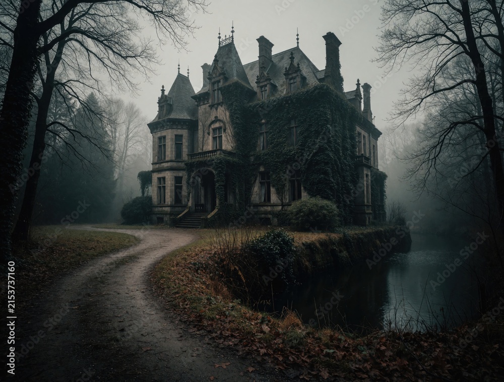 Naklejka premium Spooky abandoned mansion stands near dark river in thick fog. Old mysterious manor with ivy walls sits in gloomy forest. Eerie empty house near winding path, autumn trees creates dark moody