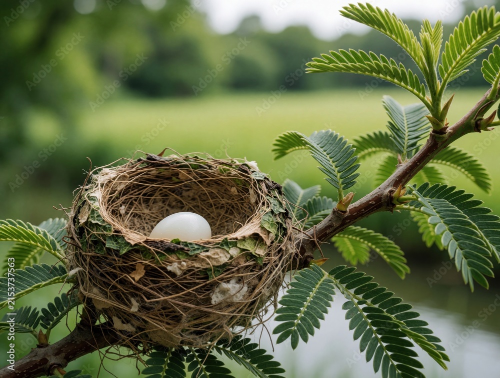 Naklejka premium Closeup of tiny hummingbird nest with single white egg on green tree branch. Small bird nest made of moss, grass in forest. Nature wildlife scene shows fragile life, new beginning in outdoor spring