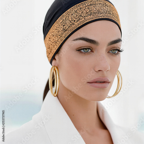 Young Woman in Black and Gold Headscarf with Hoop Earrings