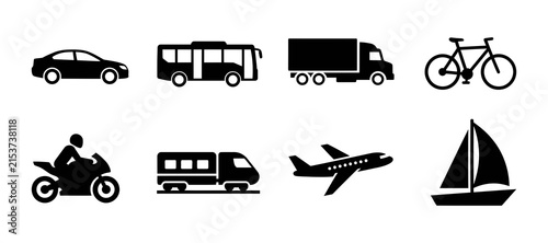 Collection of various transportation modes displayed as a black and white icon set silhouette Design