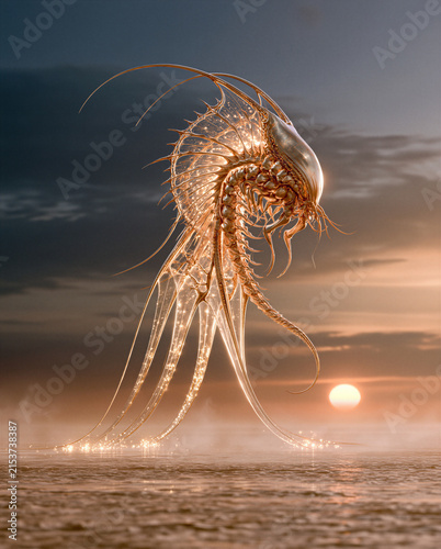 Glowing Translucent Winged Alien Creature Over Water at Sunset