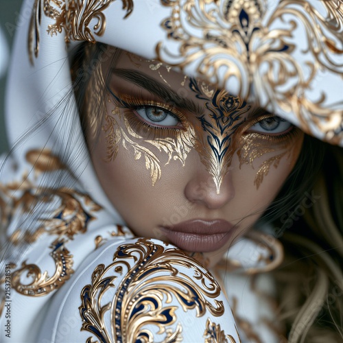 Young Woman in White and Gold Fantasy Costume and Headpiece