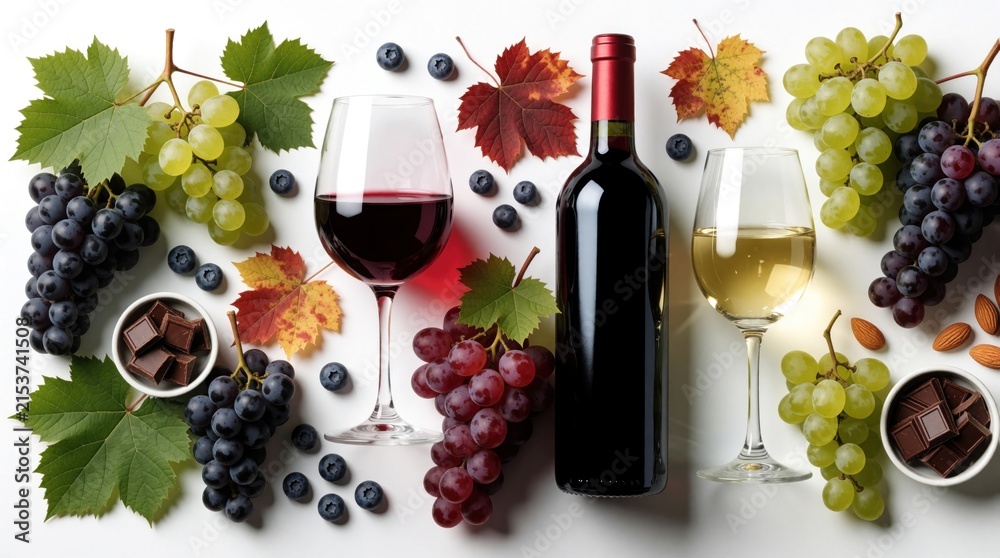 Obraz premium Bottle and glasses of red and white wine with grapes, blueberries, chocolate, and almonds. Autumn leaves and vine leaves surround the food and drink arrangement on a white surface.