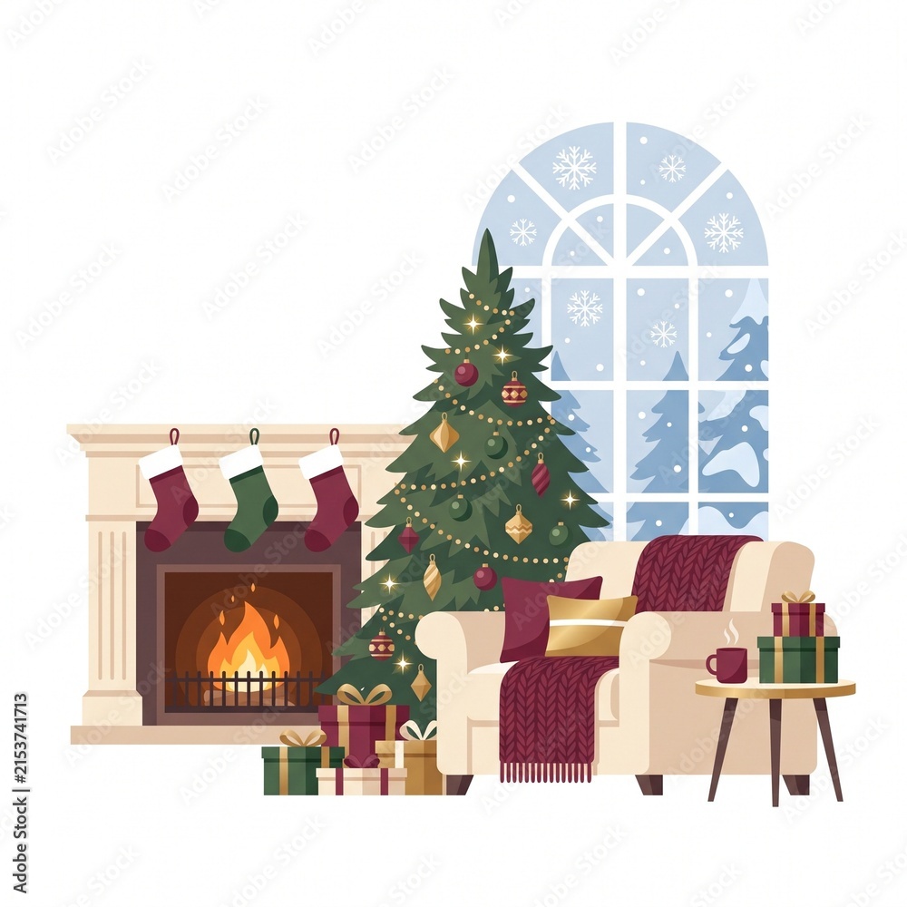 Fototapeta premium Cozy Christmas living room illustration, festive holiday interior with fireplace and tree, warm winter home scene with gifts
