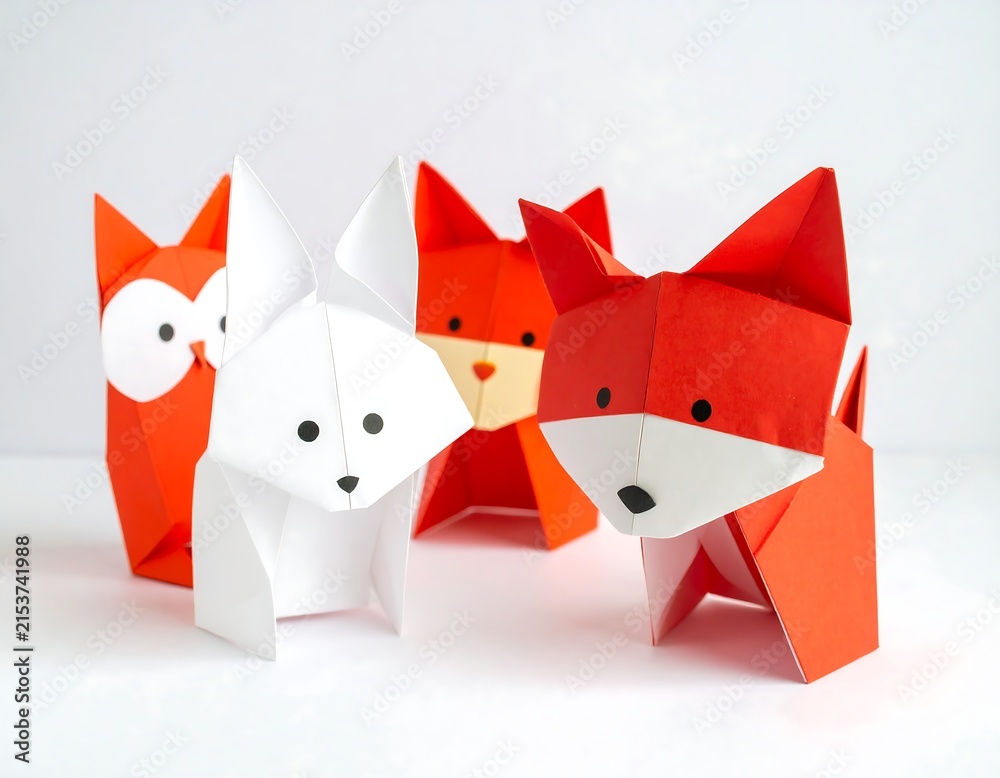 Fototapeta premium Four origami animals made of red and white paper