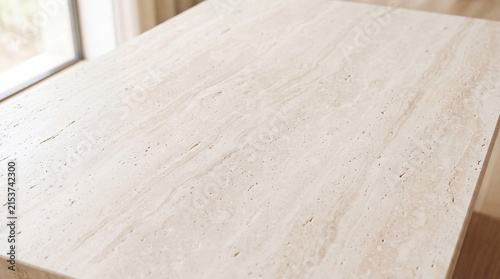 Photorealistic light ivory travertine stone surface, delicate linear beige mineral movement, tiny natural pores and subtle stone cavities, refined honed finish, warm Mediterranean character, large con