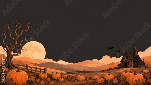 A spooky halloween landscape featuring a large glowing full moon over a pumpkin patch with a dark haunted house