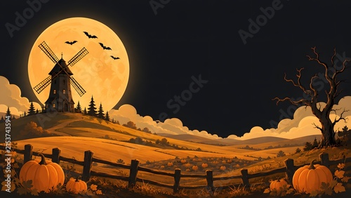 Spooky halloween landscape featuring a silhouette of an old windmill against a large glowing full moon at night