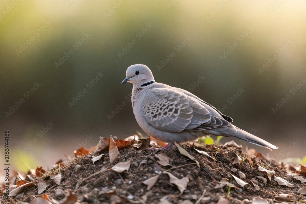 Fototapeta premium A dove perches on dirt among dry leaves. This bird has grey feathers and a dark ring around its neck. It stands still on a mound with soft blurred background.