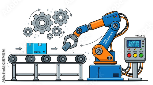 Industrial robotic arm on automated conveyor belt assembling package with control panel and machine gears