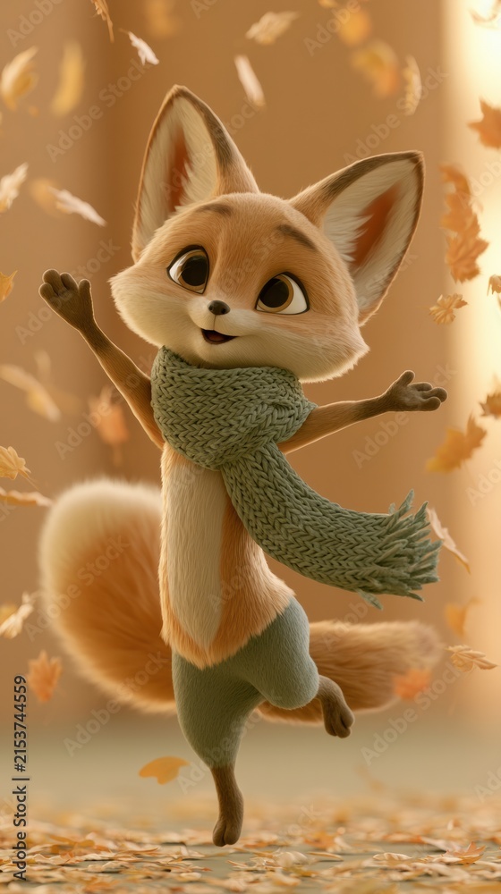 Naklejka premium A lively fox character dances among the colorful leaves during autumn, enjoying the warm light and the playful atmosphere of the season.