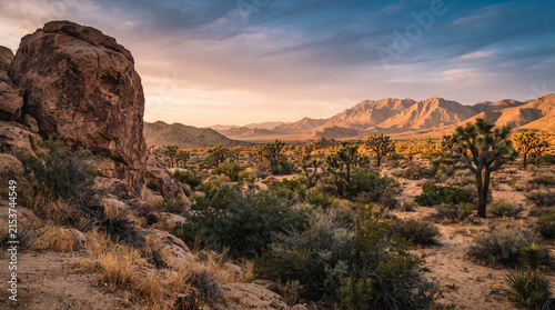 Desert landscape with Joshua trees and rock formations at sunset, symbolizing arid nature and serene beauty