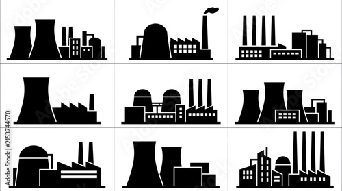 Set of industrial factory and power plant silhouettes with cooling towers and chimneys on white background