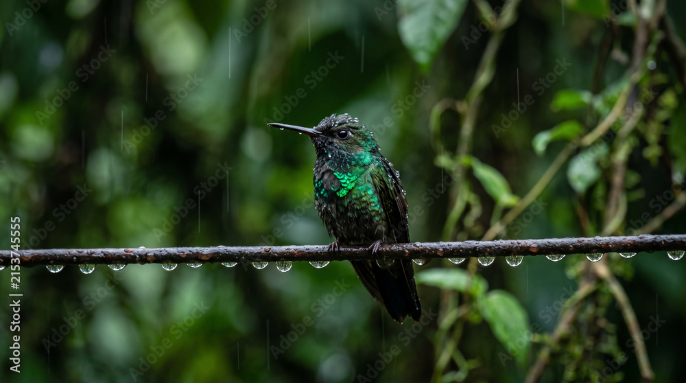 Obraz premium A small hummingbird with iridescent green feathers perches on a wet branch in the rain, representing nature's delicate beauty and resilience.