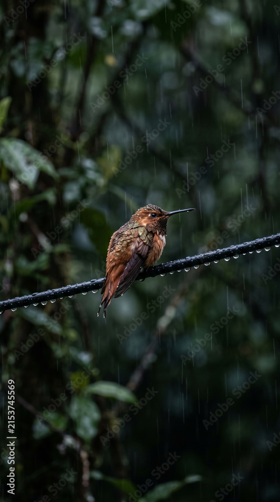 Obraz premium A brown hummingbird perched on a wire in the rain, its feathers glistening with water droplets, symbolizing resilience in adverse weather.
