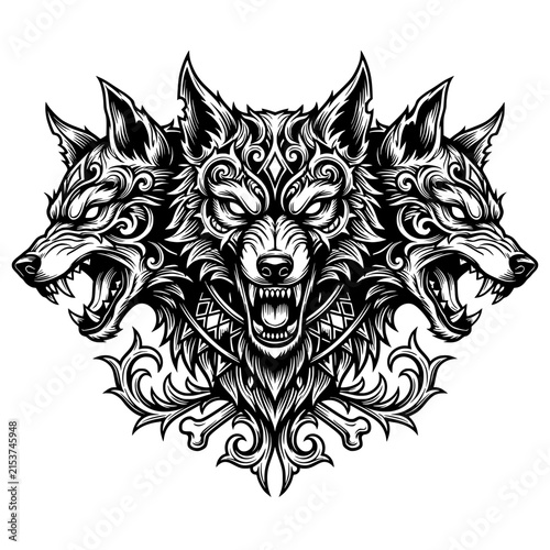 Intricate Three Headed Wolf Ornamental Tattoo Emblem Vector