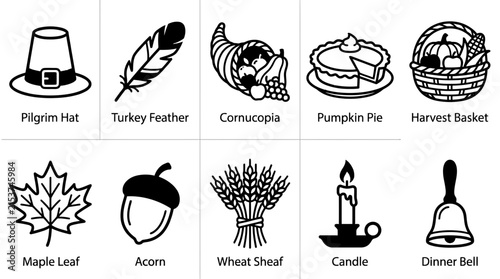 Thanksgiving holiday icons set, traditional harvest symbols for autumn seasonal celebrations