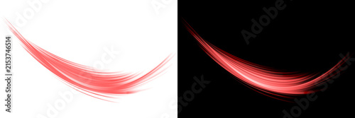Curved red light trail graphic element isolated on transparent background for smooth motion flow and dynamic digital aesthetic.
