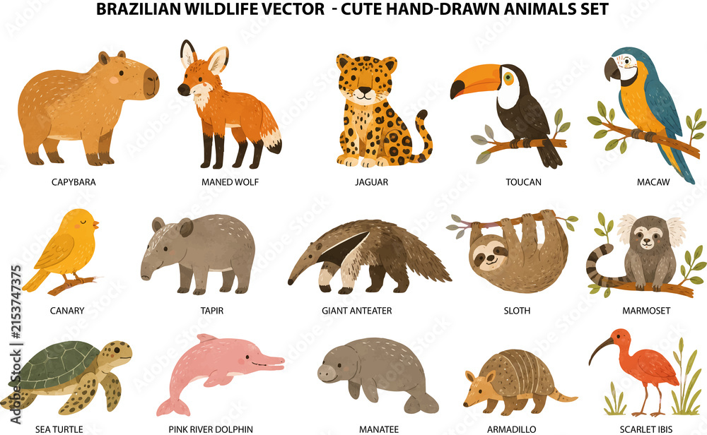 Naklejka premium Brazilian Wildlife Vector Cute Hand Drawn Animals Set