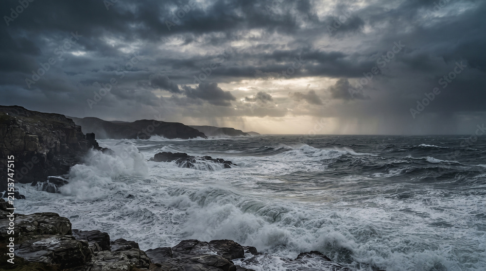 Fototapeta premium Dramatic Storm Clouds Over a Rocky Ocean Coast at Sunset