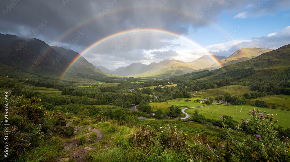 Fototapeta premium Rainbow Over a Green Mountain Meadow on a Cloudy Summer Morning