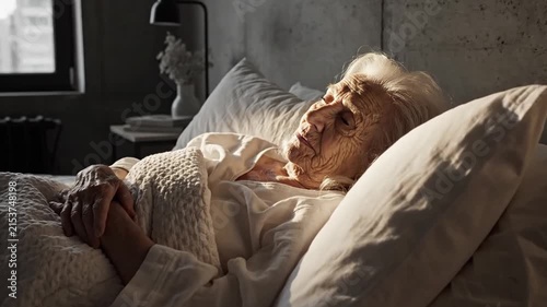 Elderly Woman Sleeping Peacefully In Bed With Natural Light 4K
