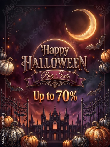 Happy halloween big sale graphic design featuring glowing pumpkins and silhouette of gothic castle under crescent moon halloween promotion
