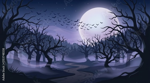 A spooky dark forest landscape at night with a large full moon and a flock of flying bats