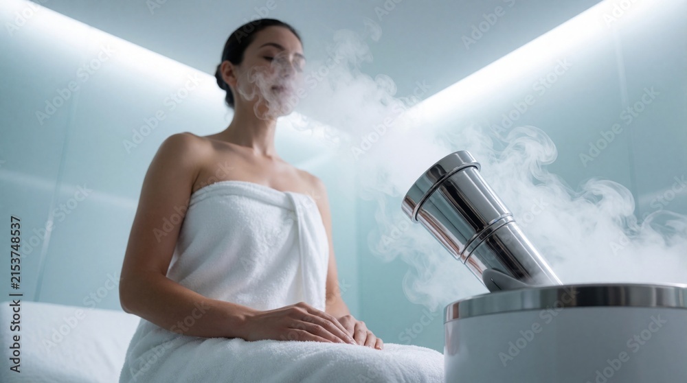 Fototapeta premium Young woman on cryotherapy treatment in modern spa. Female client inhales cold nitrogen mist from device for wellness. Facial cryo therapy helps skin rejuvenation, inflammation relief in beauty