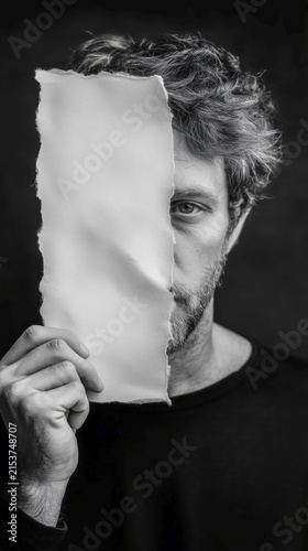 Black and White Portrait of Man Holding Torn Blank Paper with Copy Space
