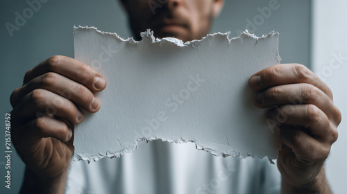 Close Up of Male Hands Holding Horizontal Torn Blank Paper with Copy Space