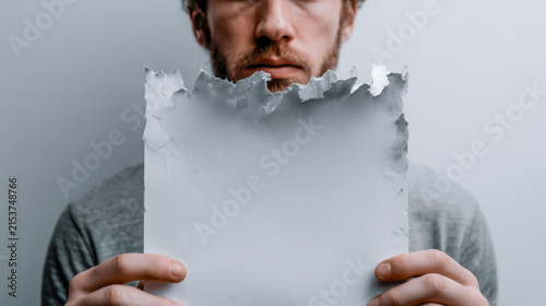 Bearded Man Holding Torn Blank Paper Covering Face with Copy Space