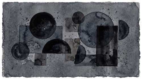 Abstract watercolor composition of overlapping circles and squares in shades of gray on textured paper background