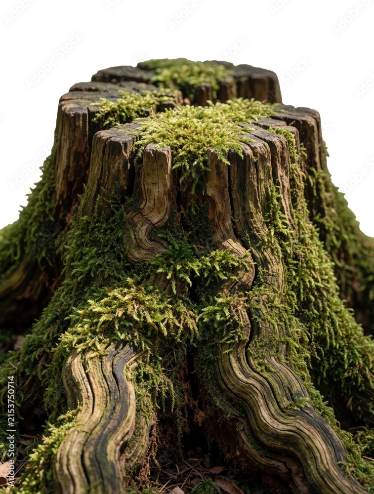 Fototapeta premium Old mossy tree stump rests in forest floor. Natural wood texture with green moss growth shows decay and forest environment detail. Organic nature background for eco themes.