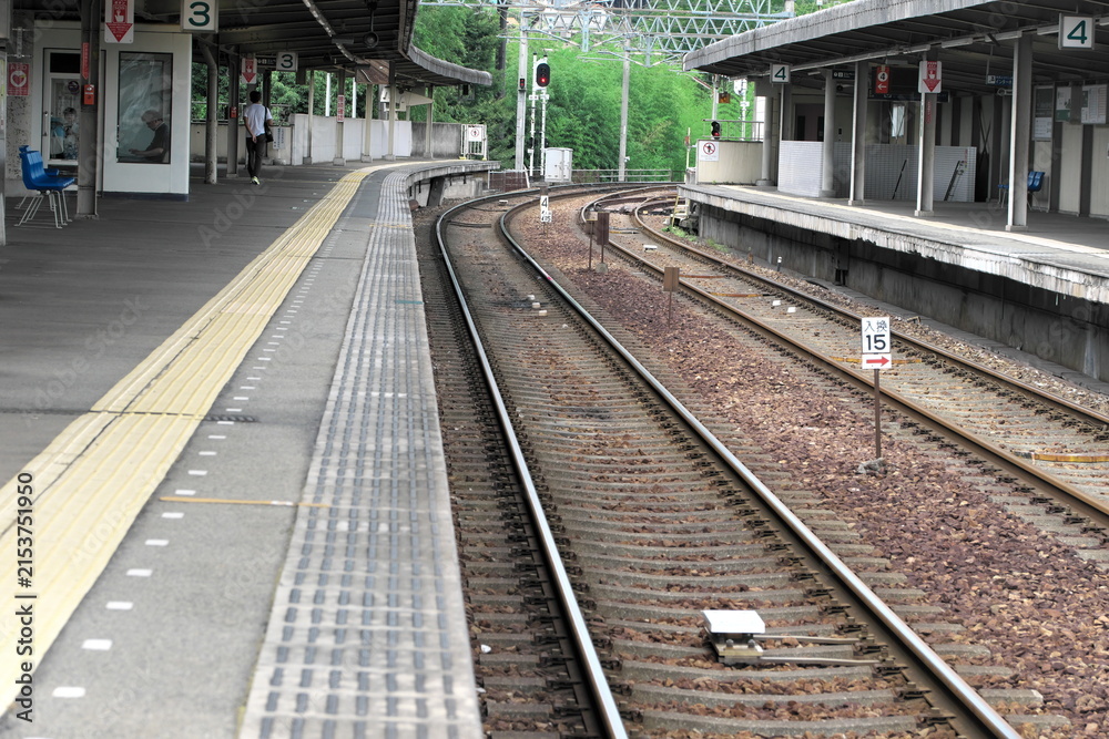 Fototapeta premium 静寂に包まれたローカル線の駅構内：曲線を描くプラットホーム